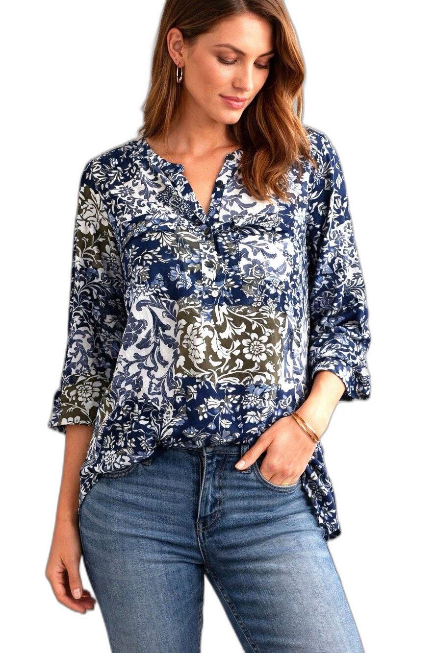 Loft Boho Patchwork Floral Blouse Blue Green White Split Neck Flowy Top Cotton M